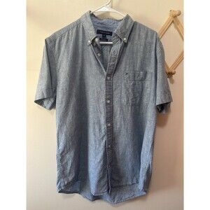 Tommy Hilfiger Men's Short Sleeve Cotton-Linen Blend Shirt Blue, Large Button Up